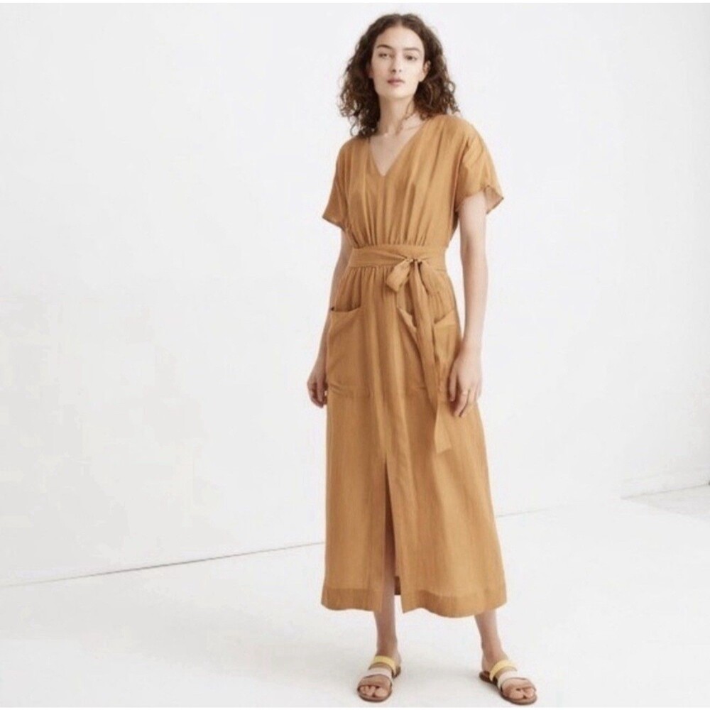 Madewell Linen Blend Dolman Sleeve Midi Dress Women’s 0 Toffee Mustard